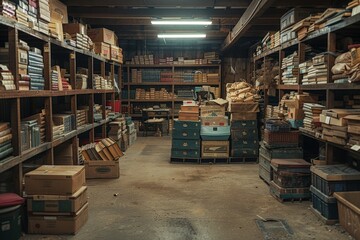 Obraz premium A shot inside an old warehouse filled with shelves of vintage items, boxes, and artifacts