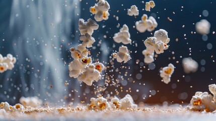 A bunch of popcorn kernels being popped into the air in a hot air popper, capturing the moment of transformation - obrazy, fototapety, plakaty