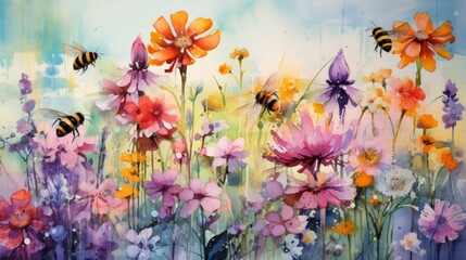 Generative AI Watercolor artwork of bees pollinating flowers in a vibrant garden setting