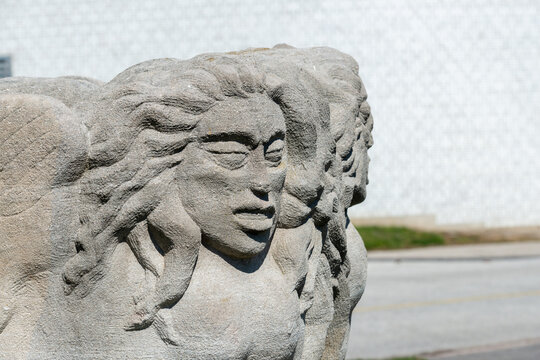 stone sculpture (The Harpies) by E B Cox installed at Garden of the Greek Gods (Exhibition Place, Toronto, Canada)
