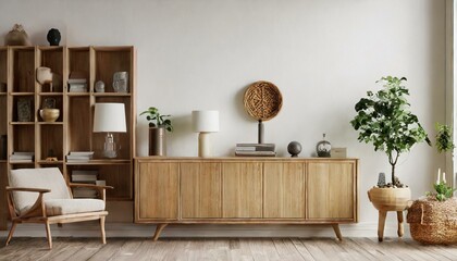 Rustic Elegance: Wood Cabinet Charms in a Minimalist Living Room"
