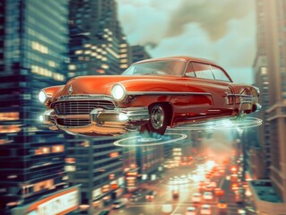 Vintage 1950s Car Soaring Above Modern City Skyline - Surreal Retro Automotive Nostalgia Illustration
