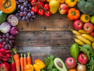 Vibrant Colorful Assortment of Fresh Fruits and Vegetables Artfully Arranged on Rustic Wooden Background - Healthy Still Life Composition with Tomatoes, Grapes, Pumpkins, Lettuce, Lemons, Carrots
