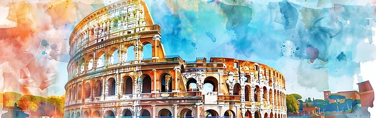 A detailed watercolor painting capturing the grandeur of the Colosseum in Rome, showcasing its ancient architecture and historical significance. The painting highlights the iconic amphitheater under a