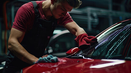 A worker in black overalls and wearing glasses is washing the windows of his red car with yellow microfiber cloths
