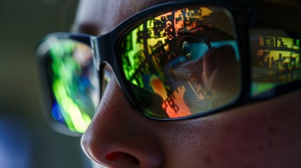 A close-up view of a person wearing sunglasses, reflecting a microscope slide in their lenses