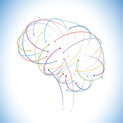 Illustration of colored curves interlocking to form a human brain, modern technology style. Used in commercial, medical, advertising and educational purposes.
