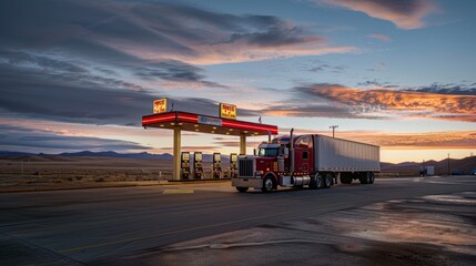 A semitruck is parked at a gas station, pulling away from the fuel pump, with the station sign in the background