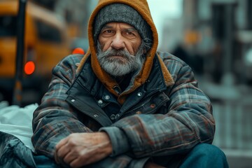 Obraz premium Poor homeless man outdoors on winter day. young or adult man guy, sitting on the street begging, begging, unkempt with a beard, park, autumn, group of people, sunny day portrait or close-up