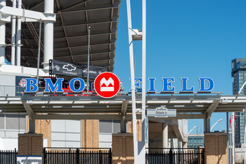 Obraz premium west facing sign for BMO Field an outdoor stadium located at Exhibition Place in Toronto, Canada (MLS, CFL sporting events venue)
