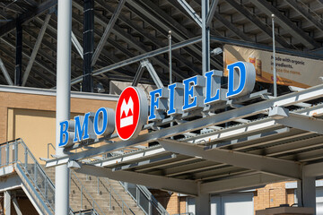 Fototapeta premium west facing sign for BMO Field an outdoor stadium located at Exhibition Place in Toronto, Canada (MLS, CFL sporting events venue)