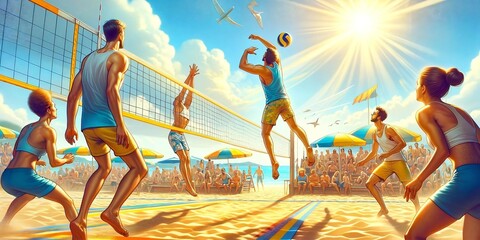 Intense Beach Volleyball Match Under Summer Sun

