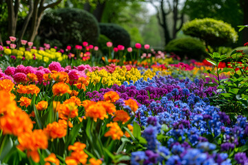 Obraz premium A colorful garden with various flowers including purple, pink, blue, and yellow. The flowers are arranged to create a sense of harmony and balance. Generative AI