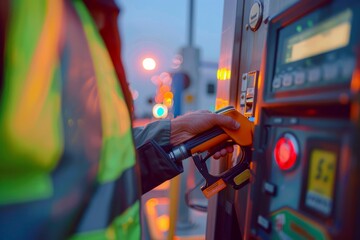 A truck driver in reflective safety gear is filling up a gas pump at a gas station - obrazy, fototapety, plakaty