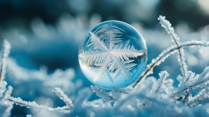 Winter's Jewel: Frost Crystal Bubble Amidst Icy Branches. Generative AI