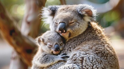 Affectionate Mother Koala Embracing Her Baby in Peaceful Eucalyptus Forest Sanctuary