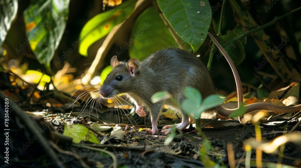 Poster a small brown rat is walking through the forest. the rat is looking up at something in the distance