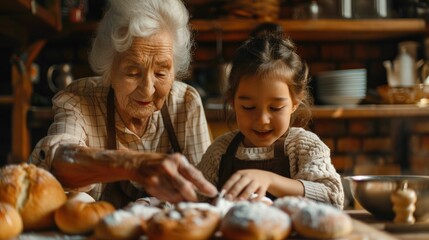 Grandparent and Child Bonding Over Baking and Cooking Family Recipes in Warm Kitchen Setting
