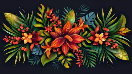 Tropical flora on dark black background modern. Bright botanical design with jungle rainforest plant and exotic red golden flower heliconia.