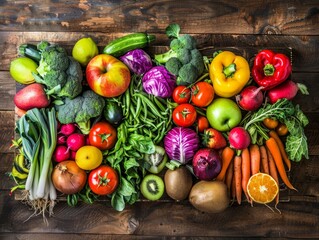 Vibrant Colorful Assortment of Fresh Fruits and Vegetables on Rustic Wooden Surface - Healthy Produce Variety for Food Photography or Culinary Backgrounds