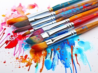Obraz premium Colorful Watercolor Painting Tools - Assorted Brushes, Vibrant Paint Splatters on Surface, Artistic Composition for Creativity
