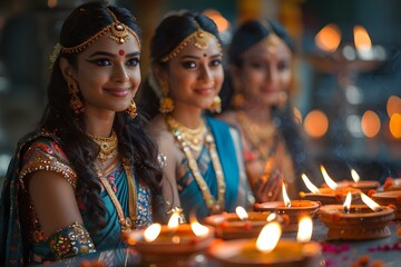 Diwali Glow: A Serene Celebration at Home. Concept Festive Decor, Diya Lighting, Rangoli Art, Traditional Attire, Family Bonding