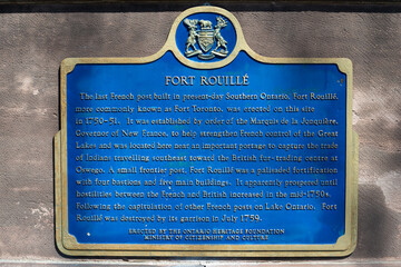 Fototapeta premium Ontario Heritage Plaque for Fort Rouillé Monument, a historical landmark, located at Exhibition Place in Toronto, Canada