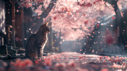 桜を眺めるネコの横顔と宿場町　Profile of a cat looking at cherry blossoms and a post town