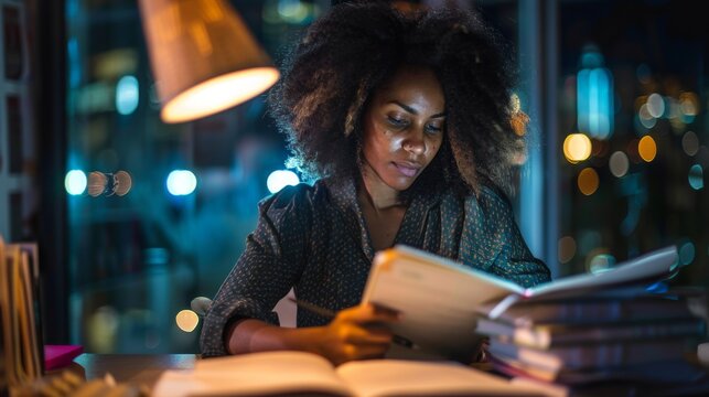 A woman is sitting at a desk, focused on reading a book. She appears determined and engaged in the content of the book.
