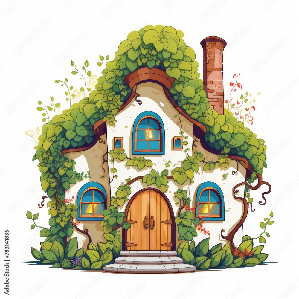 Poster generative ai a fairytale-like house with climbing vines and a colorful, cheerful facade.