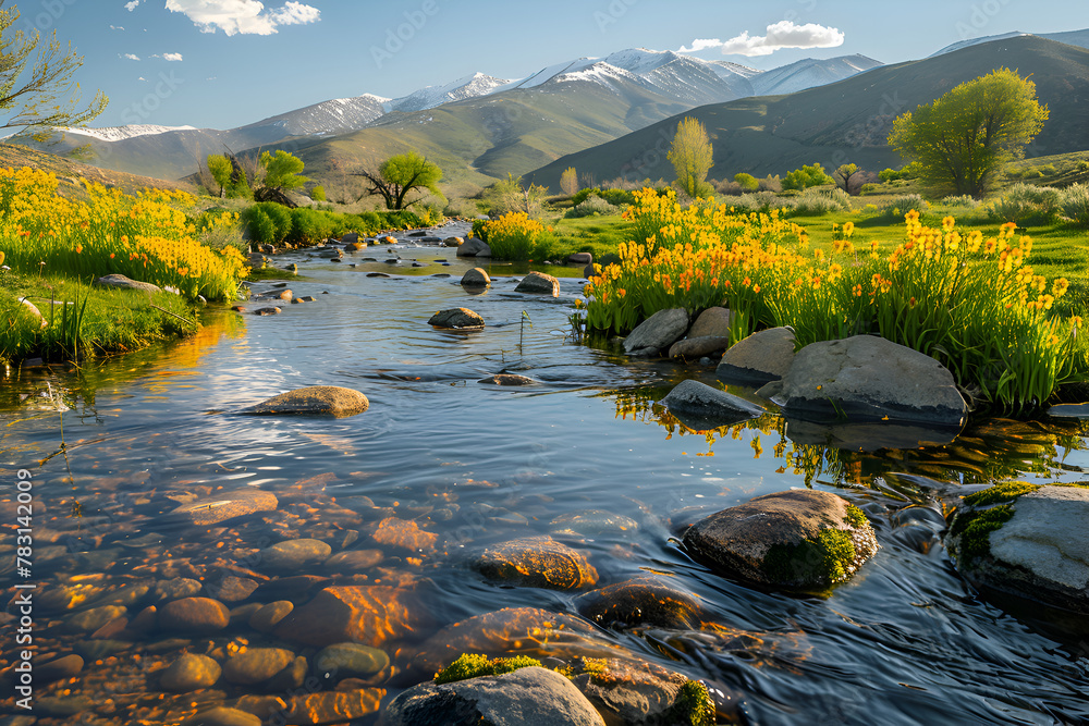 Poster a river with a rock in it and a mountain in the background. the water is calm and the rock is in the