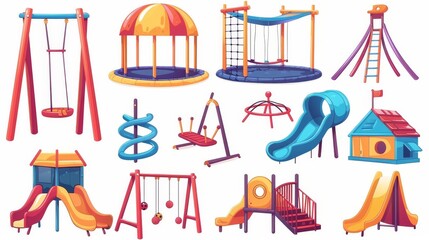 Modern cartoon playground equipment with inflatable trampolines and slides, spiral tube slides, ball polls, and swings. Isolated on a white background. - obrazy, fototapety, plakaty