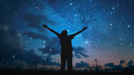 Silhouette of a man on Beautiful starry background at night