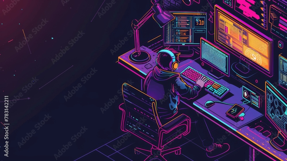 Poster an isometric landing page with development and operation specialists working collaboratively. a woma