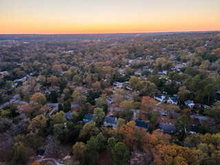 Aerial landscape of forest and Pendleton King Park at sunset in Augusta Georgia
