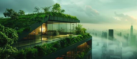 A rooftop garden acting as a natural air purifier for the building below blending architecture with green solutions - obrazy, fototapety, plakaty