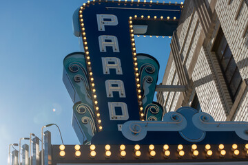 Fototapeta premium solar flare and sign of Paradise Theatre (1006 Bloor Street West in Toronto, Canada) a heritage movie theatre and entertainment venue first opened in 1937 designed by Benjamin Brown in Art Deco style