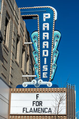 Fototapeta premium marquee sign at Paradise Theatre (1006 Bloor Street West in Toronto, Canada) a heritage movie theatre and entertainment venue first opened in 1937 designed by Benjamin Brown in Art Deco style