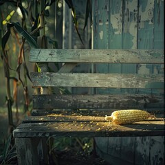 A serene image of a single ear of corn placed on an old wooden bench, with soft morning light.