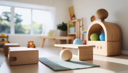 Montessori classroom, beautiful kindergarten with many wooden educational toys and games for children
