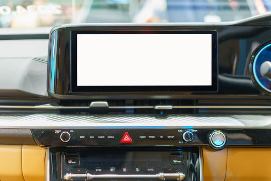 White mockup of digital display screen on the dashboard of a modern car..