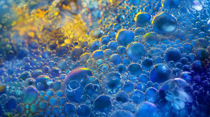 Ethereal Blue Bubbles with Golden Hues and Rainbow Flares. Generative AI