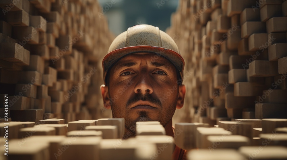 Poster Generative AI Close-up of a builder laying bricks, precise workmanship, construction site backdrop with tools visible
