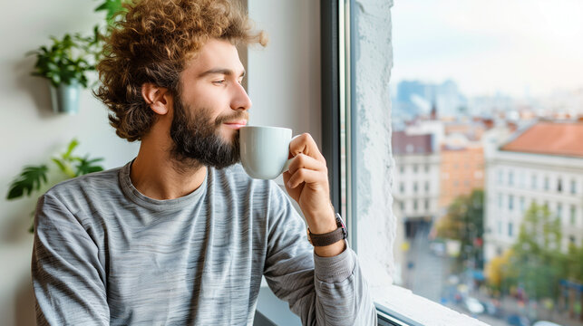 Young man sipping morning coffee looking out the window.