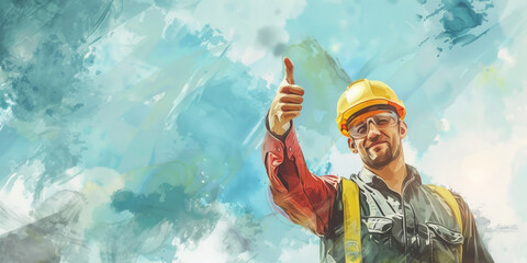 Smiling construction worker with hardhat shows thumbs up, watercolor painting, background - obrazy, fototapety, plakaty