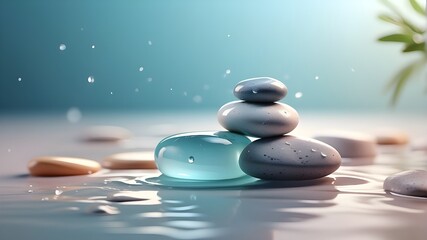 "Digital illustration showcasing Zen stones with water drops on a smooth gradient background, evoking a sense of peace and tranquility in a minimalist spa concept, using a soft color palette and gentl