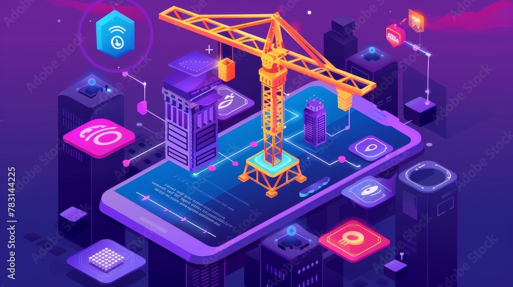 Poster symbolic banner for software development. modern landing page with smartphone, crane and buttons in 