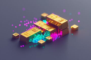 Gold bars and stock chart in a pixel world.