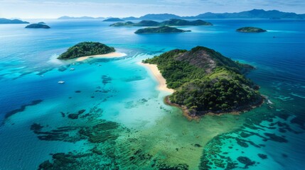 Fototapeta na wymiar An aerial view captures a secluded island oasis surrounded by vibrant coral reefs