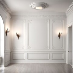 White empty room with stucco moldings and sconces. Classic interior style design.